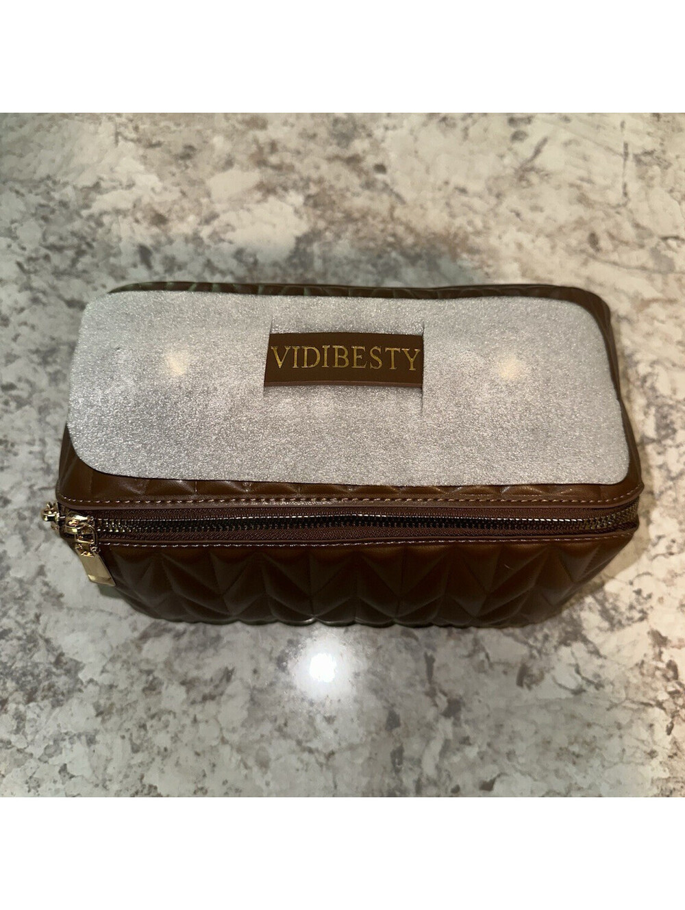 VIDIBESTY Brown Faux Leather Makeup Bag with Zipper and Pockets